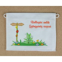   Gyöngyvirág csoport sarokmotívummal fehér színű vászon ballagó tarisznya 